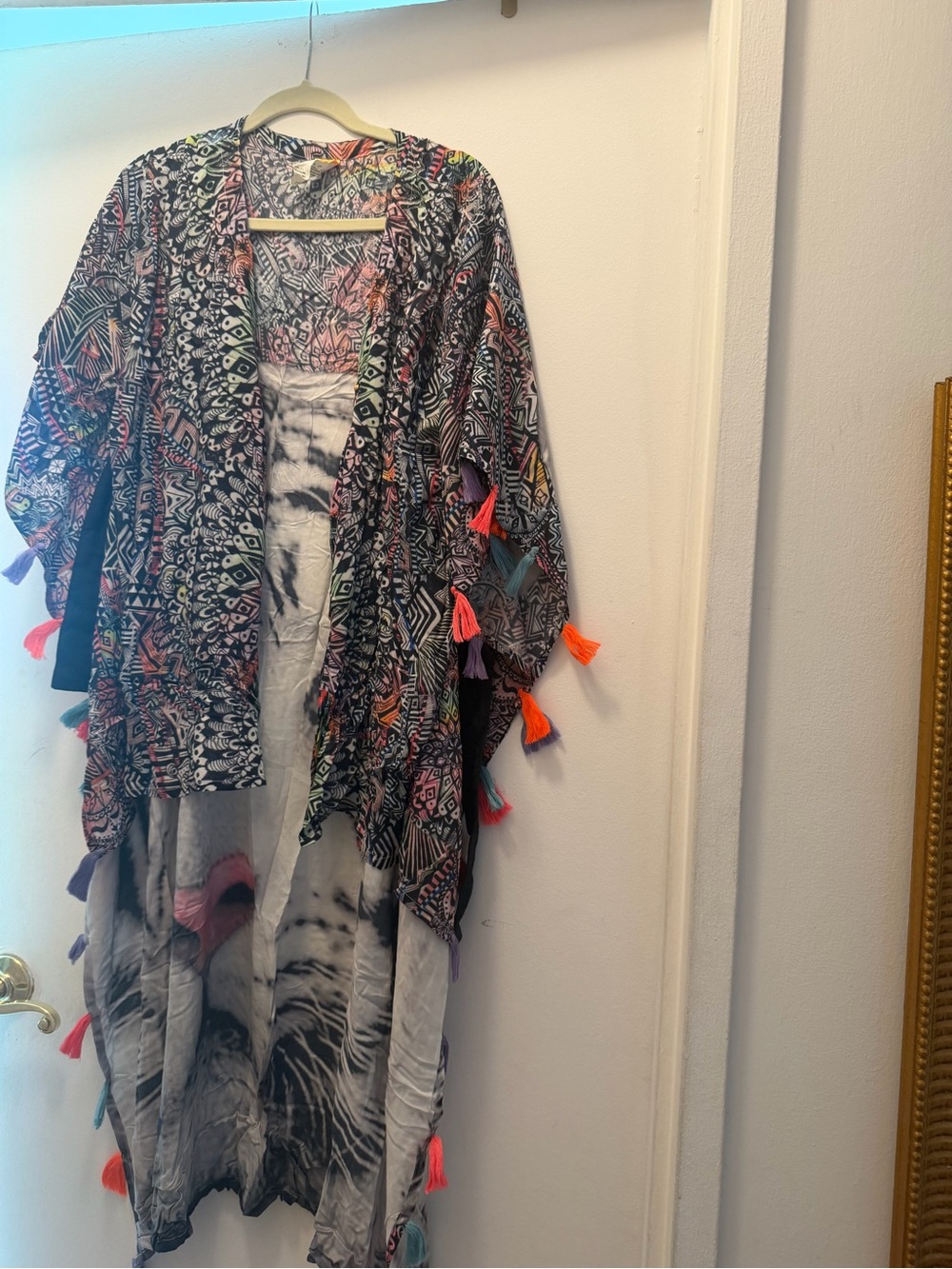 Agua Bendita Black Multicolor Printed Kimono with Neon Tassels